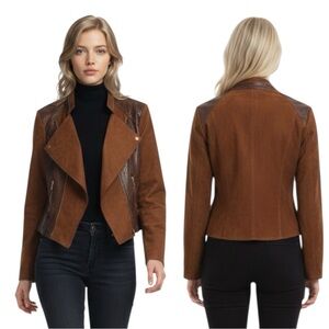 NWT Maakif Brown Faux Suede Crocodile Snake Print Open Front Moto Jacket